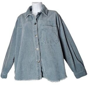ZARA Light Wash Blue Corduroy Oversized Button Front Shacket Frayed Hem Women L